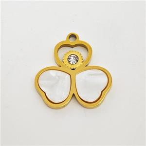 Stainless Steel Clover Pendant Pave Shell Rhinestone Gold Plated, approx 15mm