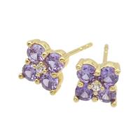 Copper Stud Earring Pave Purple Crystal Glass Flower Gold Plated, approx 8x8mm