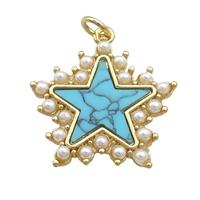 Copper Star Pendant Pave Synthetic Turquoise Pearlized Resin Gold Plated, approx 22mm
