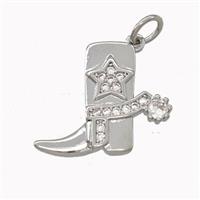Cowboy Boots Charms Copper Shoe Pendant Micro Pave Zirconia Star Platinum Plated, approx 14-17mm