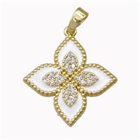 Copper Clover Pendant Micro Pave Zirconia White Enamel Gold Plated, approx 20mm