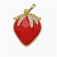 Copper Starwberry Charms Pendant Pave Zirconia Red Enamel Gold Plated, approx 20-23mm