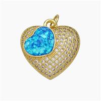 Copper Heart Pendant Pave Zirconia Blue Fire Opal 18K Gold Plated, approx 19mm