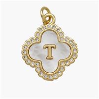 Copper Clover Pendant Pave Shell Zirconia Letter-T 18K Gold Plated, approx 17.5mm