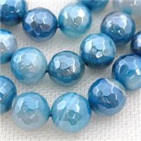 blue striped Agate beads, faceted round, light electroplated, approx 8mm dia