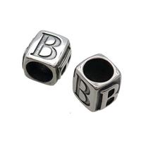 Stainless Steel Cube Paracord Beads Letter-B Large Hole Antique Silver, approx 10-12.5mm, 8mm hole