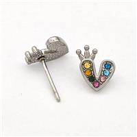Raw Stainless Steel Heart Stud Earrings Pave Multicolor Rhinestone Crown, approx 9-10mm