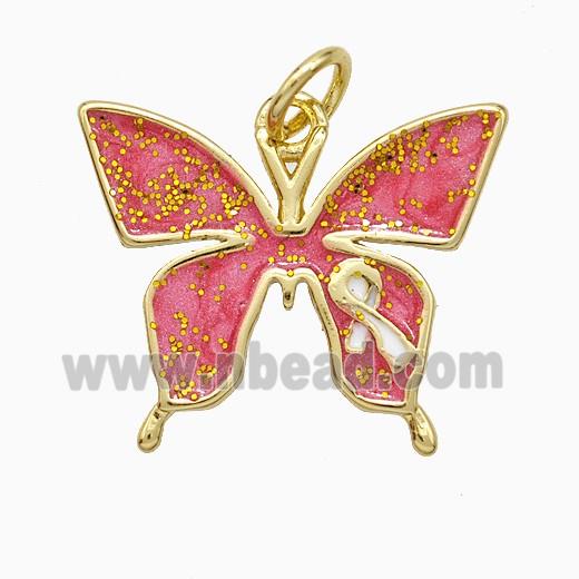 Copper Butterfly Pendant Pink Painted Awareness Ribbons Gold Plated
