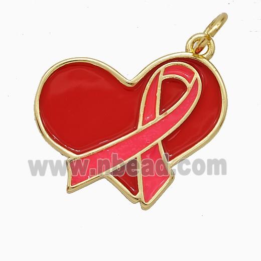 Copper Heart Pendant Red Enamel Awareness Ribbons Gold Plated