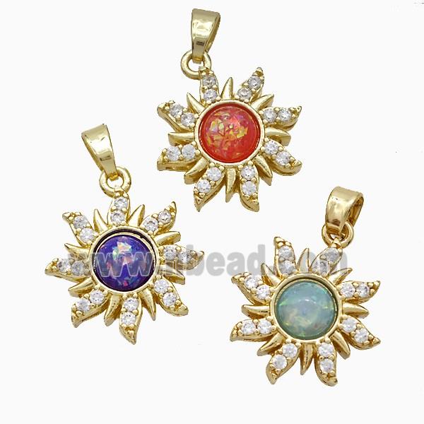 Copper Sun Pendant Pave Zirconia Fire Opal Gold Plated Mixed