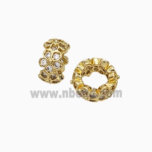 Copper Rondelle Beads Pave Zirconia Flower Gold Plated