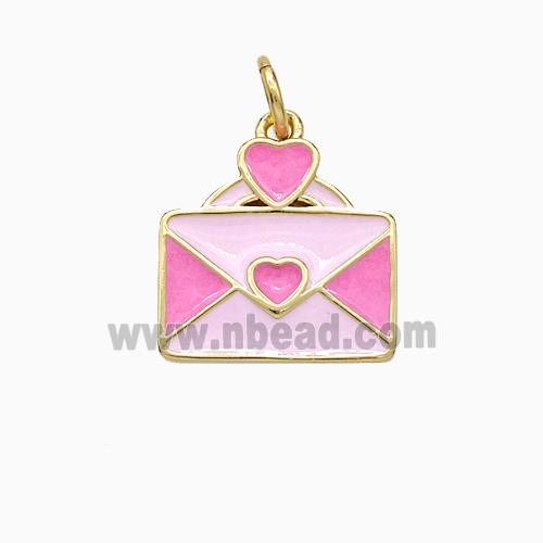 Copper Envelope Pendant Heart Pink Enamel Gold Plated