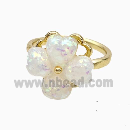Copper Clover Rings Pave White Fire Opal Rotatable Gold Plated