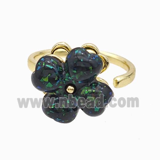 Copper Clover Rings Pave Black Fire Opal Rotatable Gold Plated