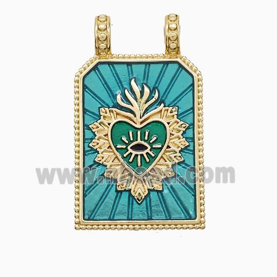 Copper Heart Pendant Green Painted Rectangle 2loops Gold Plated