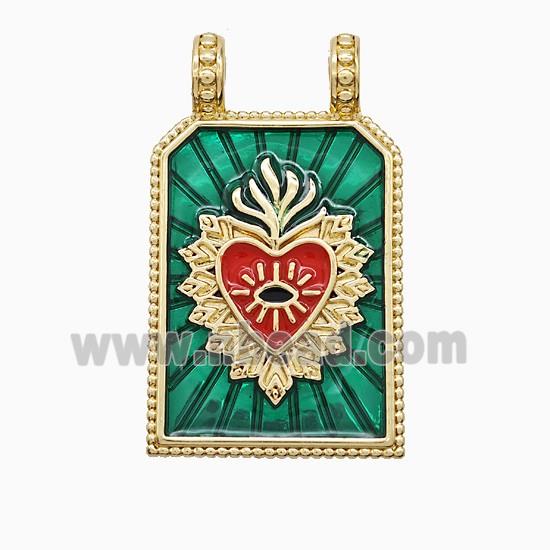 Copper Heart Pendant Green Painted Rectangle 2loops Gold Plated