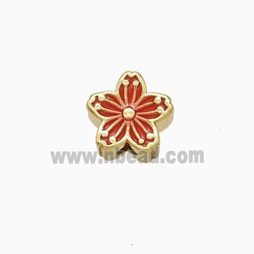 Copper Flower Beads Red Enamel Gold Plated