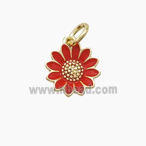 Copper Sunflower Pendant Red Enamel Gold Plated