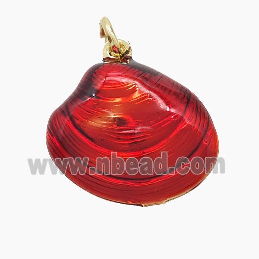 Copper Scallop Shell Pendant Red Painted Gold Plated