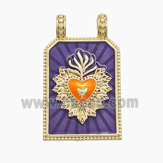 Copper Heart Pendant Rectangle Purple Painted 2loops Gold Plated