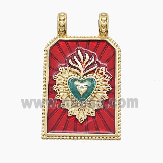 Copper Heart Pendant Rectangle Red Painted 2loops Gold Plated