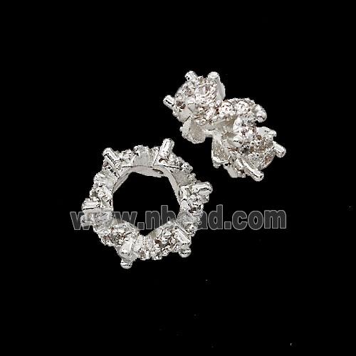 Copper Rondelle Beads Pave Zirconia Shiny Silver