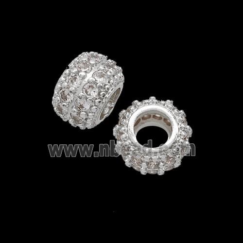 Copper Rondelle Beads Pave Zirconia Shiny Silver