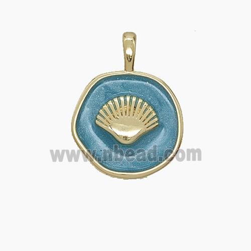 Copper Scallop Shell Pendant Teal Enamel Circle Gold Plated