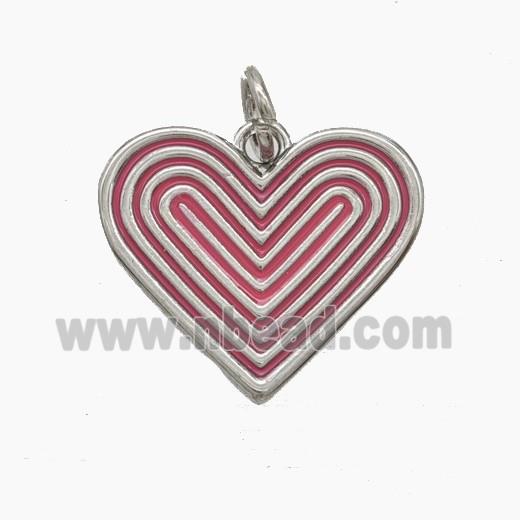 Copper Ribbed Heart Pendant Red Enamel Platinum Plated