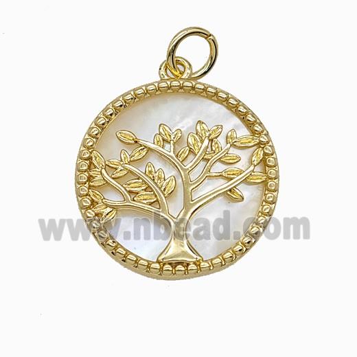 Copper Tree Of Life Pendant Pave Shell Gold Plated