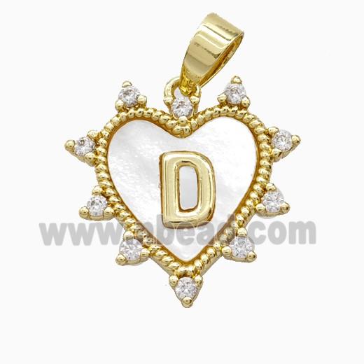 Copper Letter-D Heart Pendant Pave Zirconia Shell Gold Plated