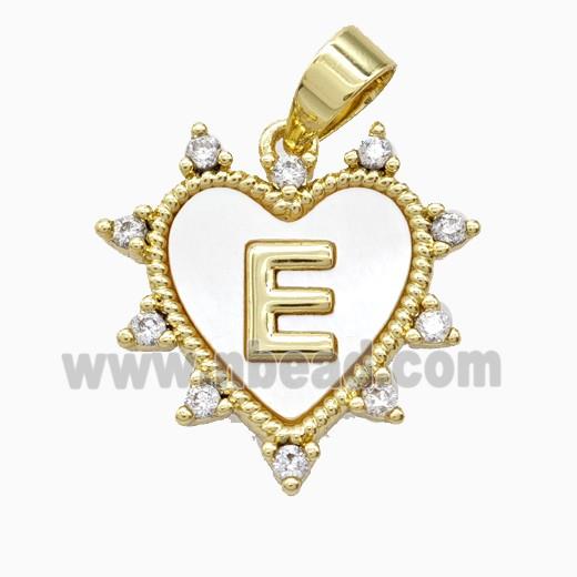 Copper Letter-E Heart Pendant Pave Zirconia Shell Gold Plated
