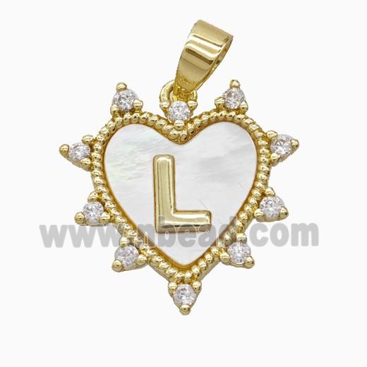 Copper Letter-L Heart Pendant Pave Zirconia Shell Gold Plated