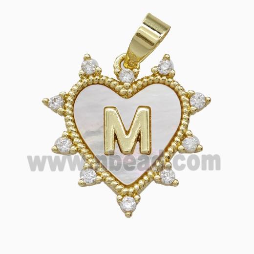 Copper Letter-M Heart Pendant Pave Zirconia Shell Gold Plated
