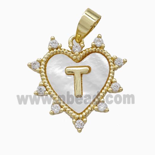 Copper Letter-T Heart Pendant Pave Zirconia Shell Gold Plated