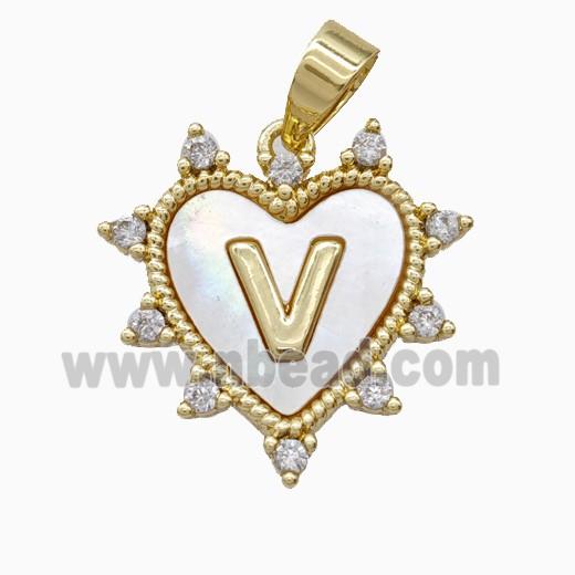 Copper Letter-V Heart Pendant Pave Zirconia Shell Gold Plated
