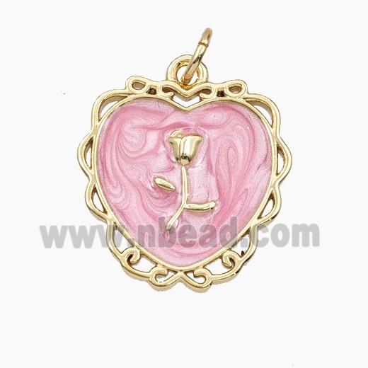 Copper Heart Pendant Pink Enamel Flower Gold Plated
