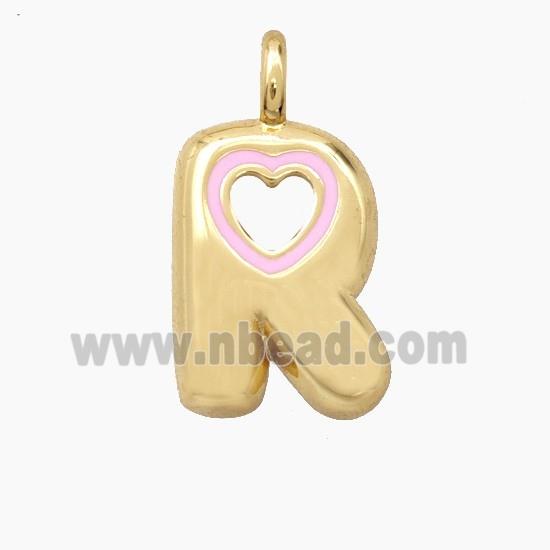 Copper Letter-R Pendant Pink Enamel Heart Gold Plated