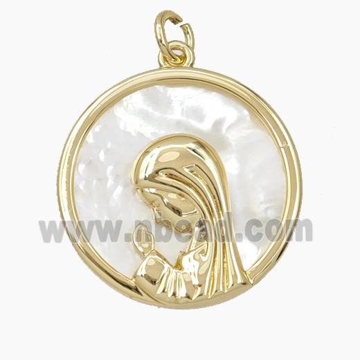 Copper Virgin Mary Pendant Pave Shell Gold Plated