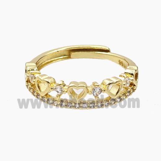 Copper Heart Rings Pave Zirconia Adjustable Gold Plated