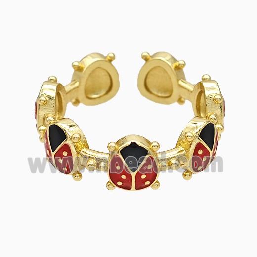 Copper Ladybug Rings Red Enamel Gold Plated