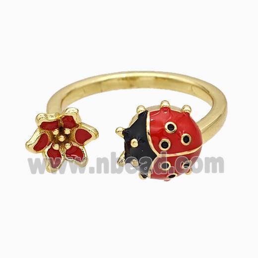 Copper Ladybug Flower Rings Red Enamel Gold Plated