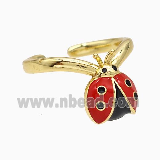 Copper Ladybug Rings Red Enamel Gold Plated