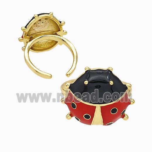Copper Ladybug Rings Red Enamel Gold Plated