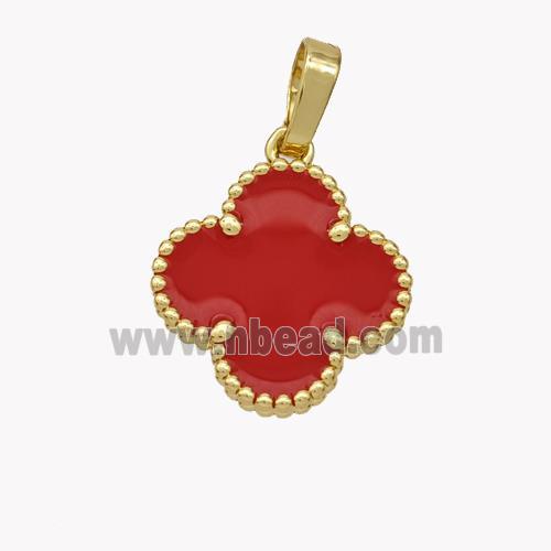 Copper Clover Pendant Red Enamel 18K Gold Plated