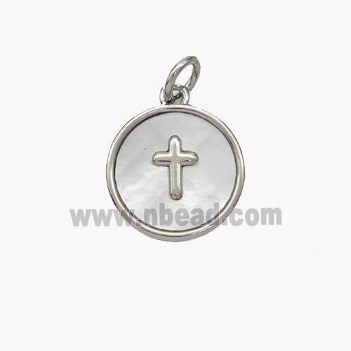 Copper Cross Pendant Pave Shell Circle Platinum Plated