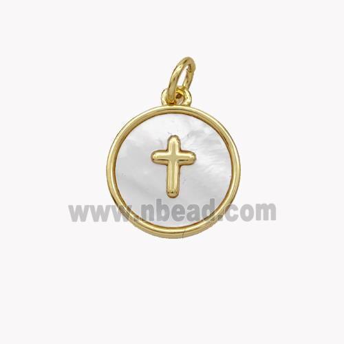 Copper Cross Pendant Pave Shell Circle Gold Plated