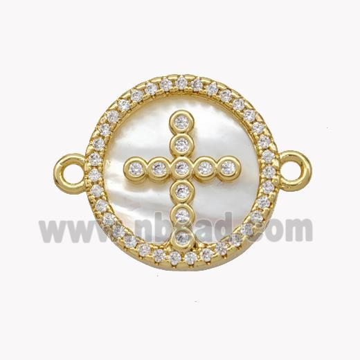 Copper Cross Connector Pave Shell Zirconia Circle 18K Gold Plated