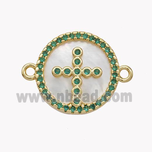 Copper Cross Connector Pave Shell Zirconia Circle 18K Gold Plated