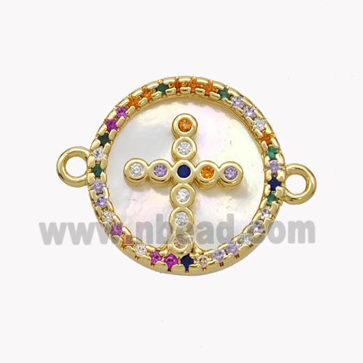 Copper Cross Connector Pave Shell Zirconia Circle 18K Gold Plated